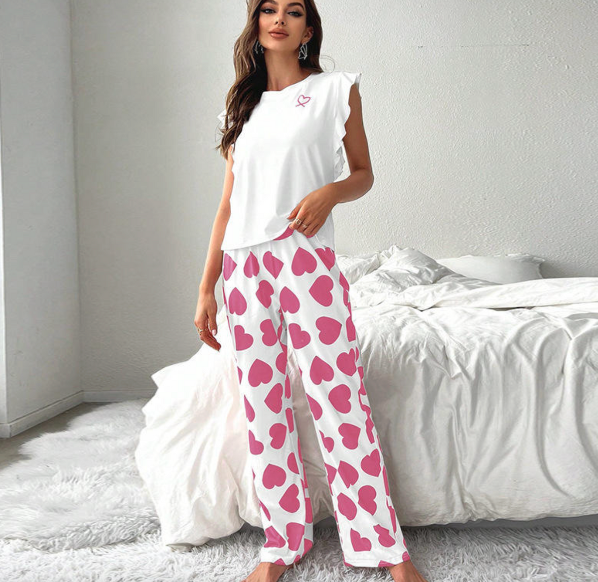 Ruffle Sleeve Heart Printed Pants Loungewear