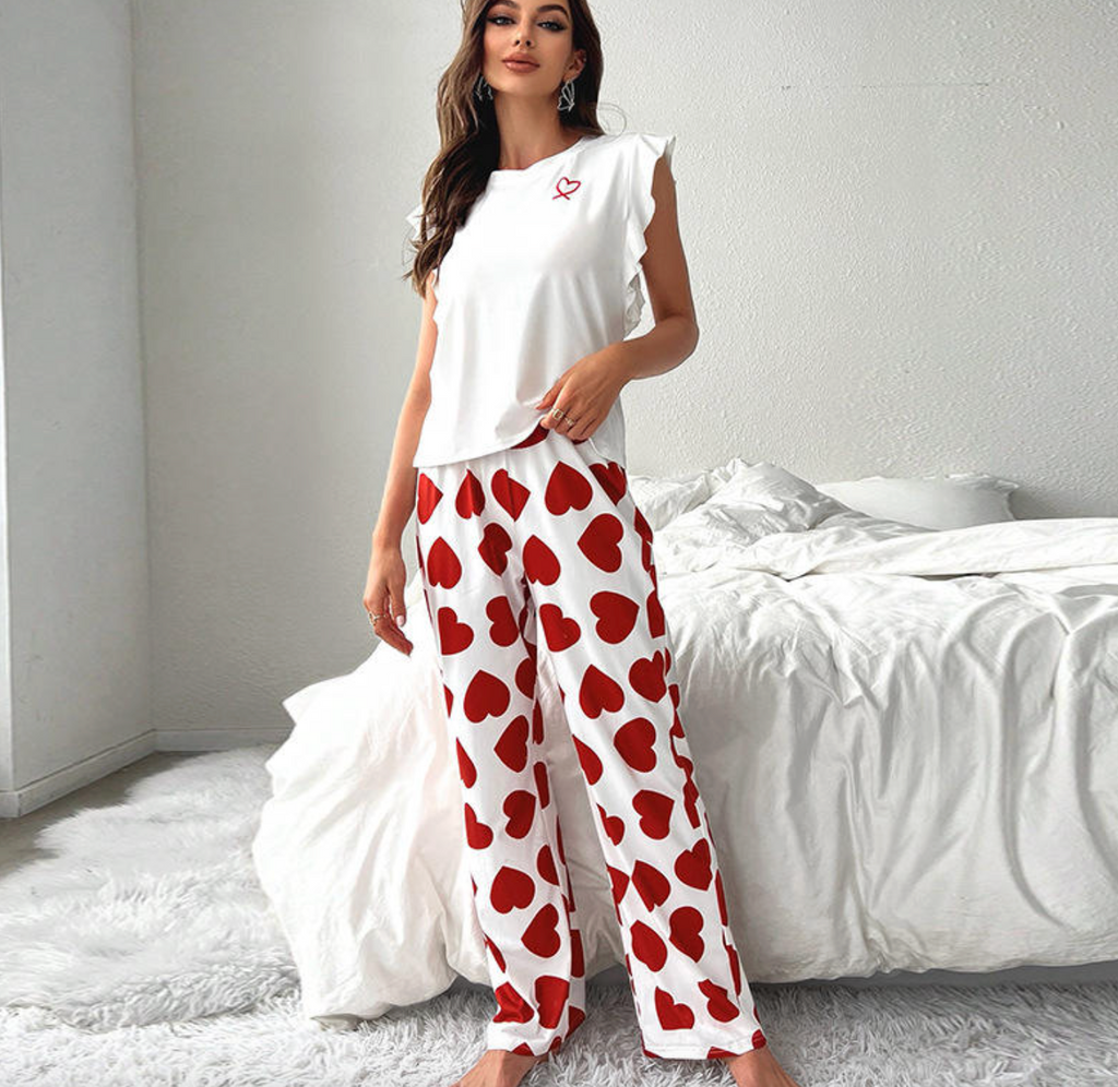 Ruffle Sleeve Heart Printed Pants Loungewear