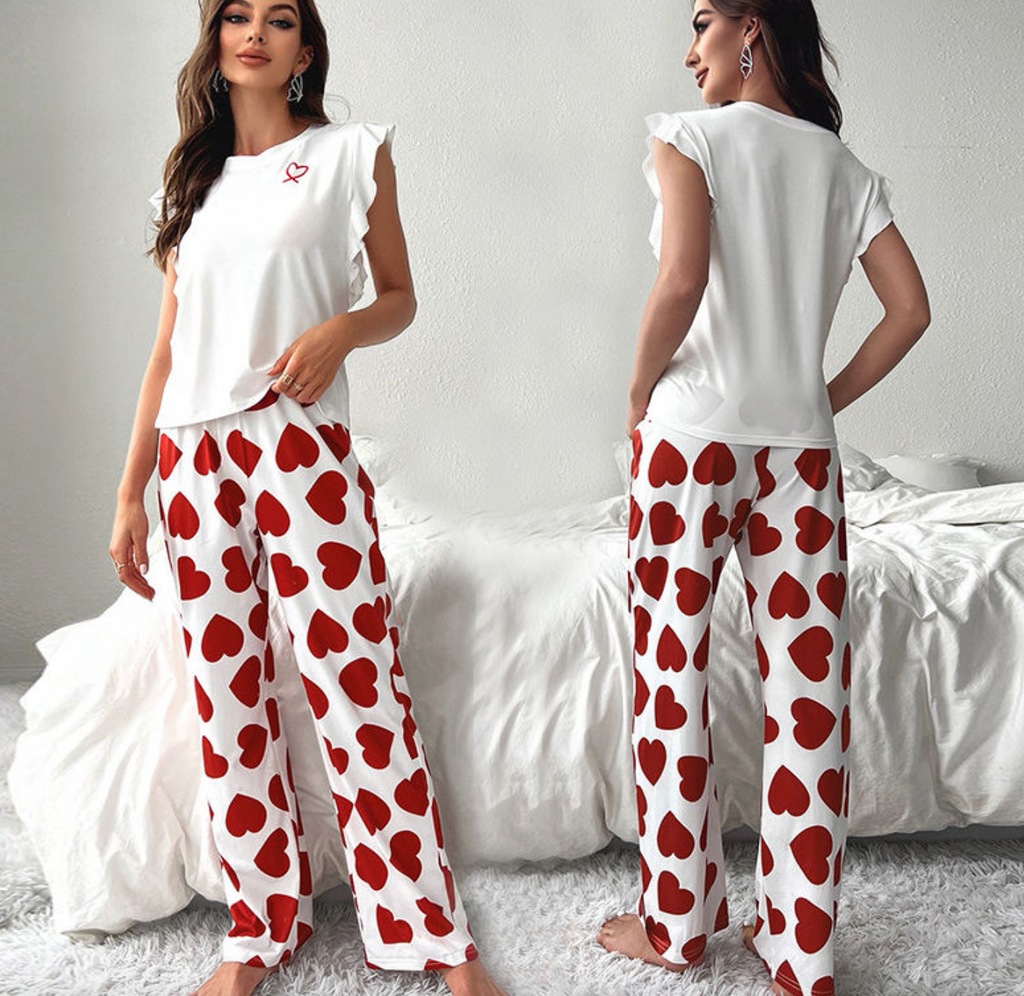 Ruffle Sleeve Heart Printed Pants Loungewear