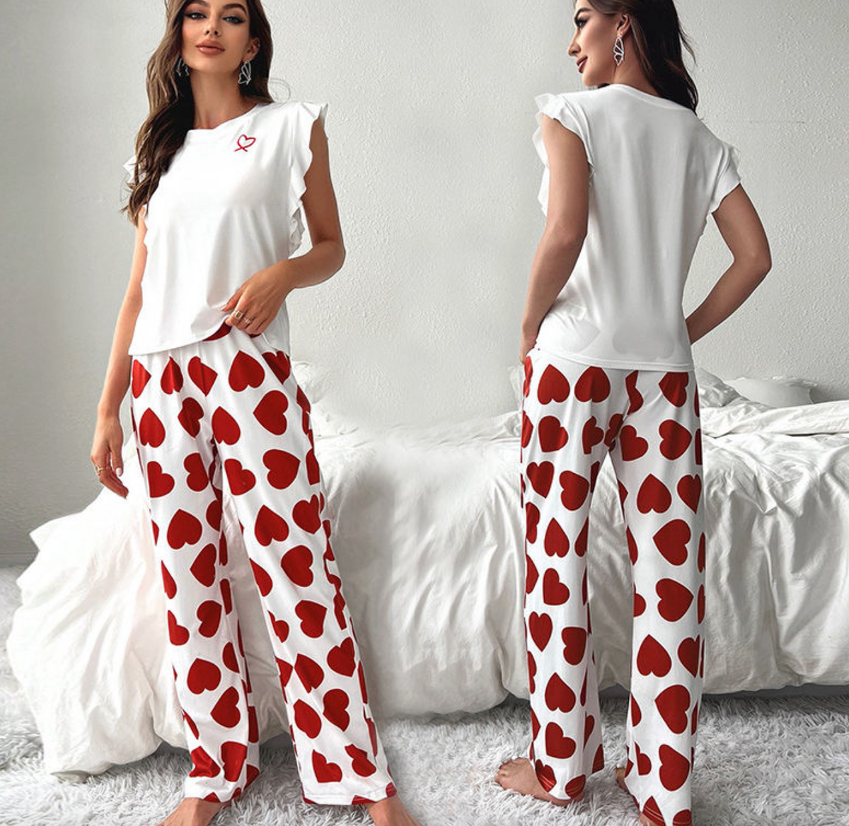 Ruffle Sleeve Heart Printed Pants Loungewear