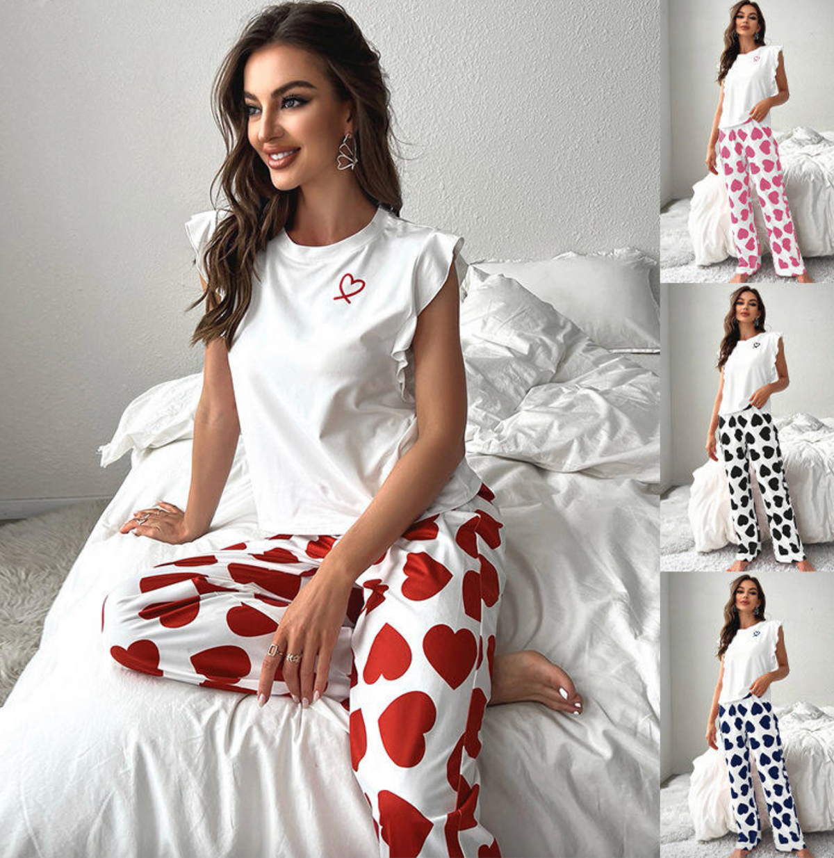 Ruffle Sleeve Heart Printed Pants Loungewear